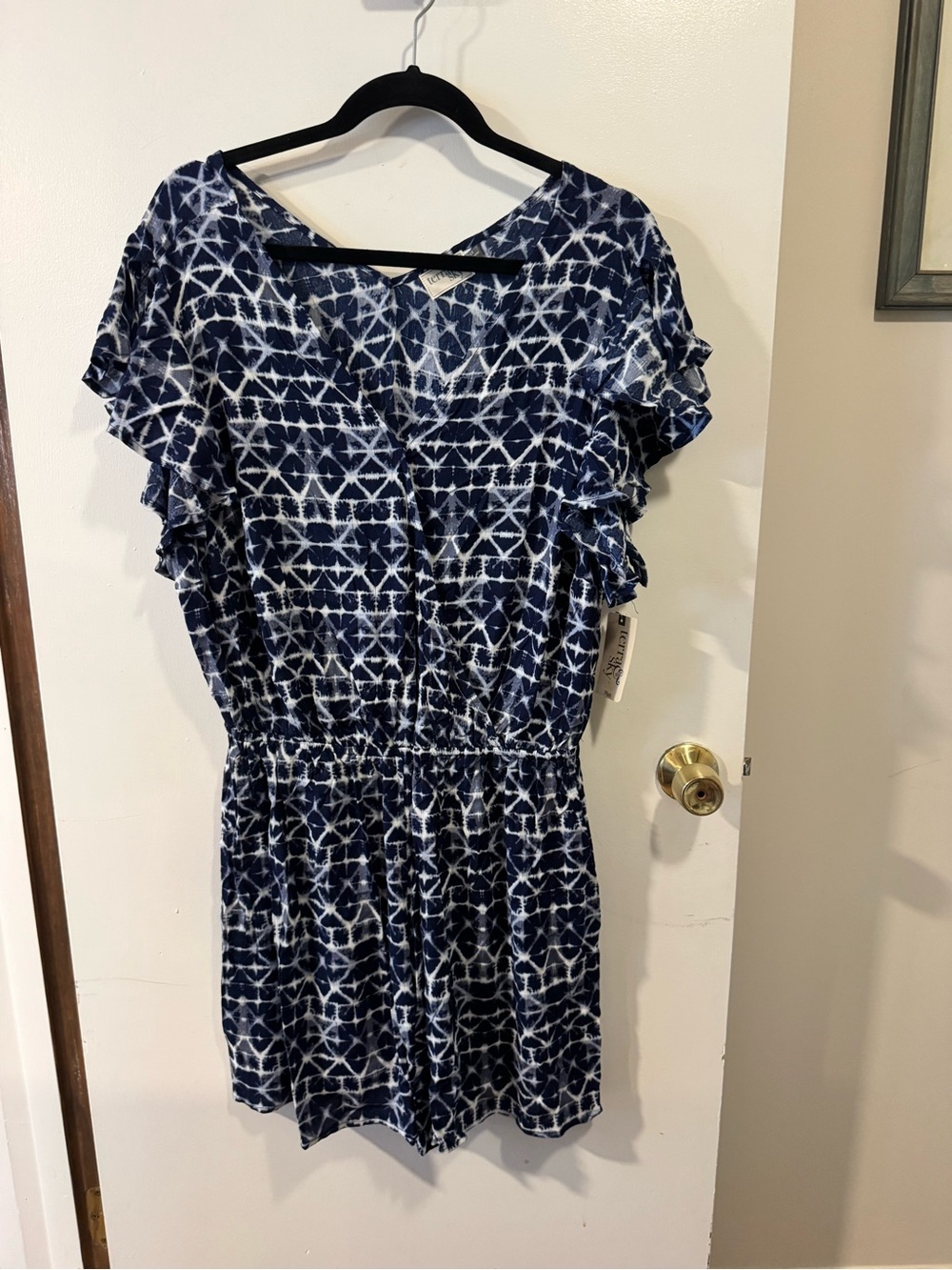 NWT Terra & Sky Plus Size 1X Navy Blue Tie Dye Ruffle Sleeve Romper